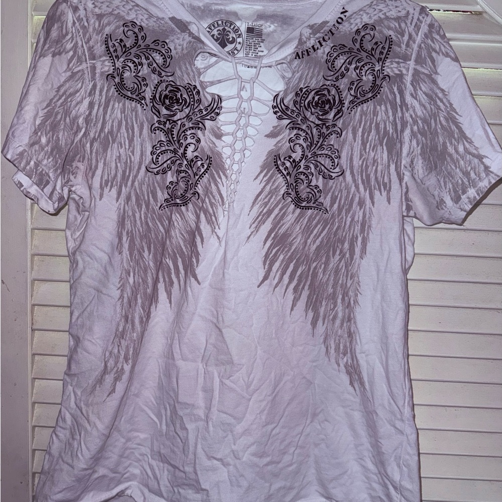 Affliction Lace-Up Angel Wing Graphic Tee Large Women’s